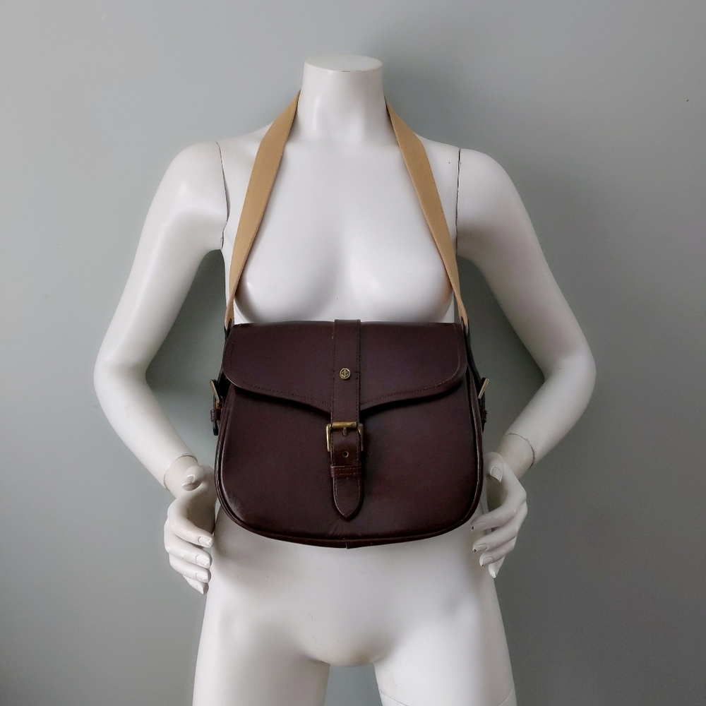 Vtg Golden Anchor JG Hook Burgundy Brown Leather Box Canvas Strap Shoulder Purse - Picture 2 of 5